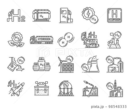 Hydrogen icons. Renewable and sustainable energy source outline symbols. Hydrogen gas fuel thin line pictograms, green power outline vector icons set with gas tank, lab flasks and solar power plant 98548333