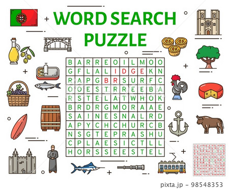 Portugal symbols word search puzzle game worksheet, vector riddle. Search word puzzle to search and find words in grid, Portuguese landmarks, flag with rooster and tram, cheese and sardines 98548353