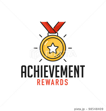 Business achievement, leadership and success outline icon. Team contest victory thin line symbol, company leadership and business achievement vector pictogram or sign with golden medal on ribbon 98548409