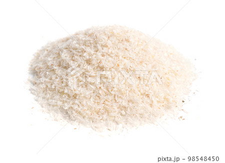 Heap of psyllium husk in plastic spoon. Isolated on white background. 98548450