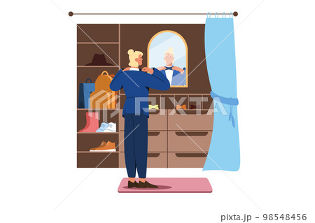 Flat man choose butterfly tie in wardrobe or pacious walk-in closet 98548456