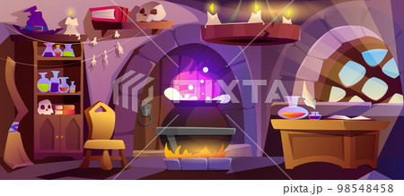 Cartoon witch house with big cauldron and stuff for magic 98548458