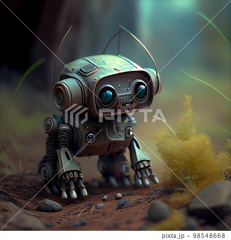 a sad little cute robot is standing in the forest. 98548668
