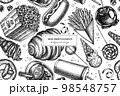 Carnival food seamless pattern background design. Engraved style. Hand drawn french fries, pretzel, popcorn, lemonade, hot dog, mulled wine, caramel apple, cotton candy, ice cream cones, lollipop 98548757