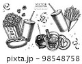 Carnival food vintage illustrations collection. Hand drawn logo designs with french fries, pretzel, popcorn, lemonade, hot dog, mulled wine, caramel apple, ribbons. 98548758