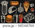 Street food hand drawn vector illustrations collection. Stylized sauces, nachos, soda, gyros, burger, taco, shawarma, french fries, hot dog, paper cup. 98548760
