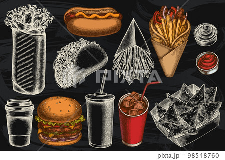 Street food hand drawn vector illustrations collection. Stylized sauces, nachos, soda, gyros, burger, taco, shawarma, french fries, hot dog, paper cup. 98548760