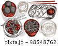Asian food hand drawn vector illustrations collection. Stylized jiaozi, jian dui, egg tart, noodles with shrimp, egg soup, noodles bowl. 98548762
