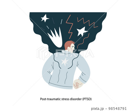 Mental disorders illustration. PTSD - modern flat vector illustration of a man meeting with traumatic stress experience - burst, explosion. People emotional, psychological, mental traumas concept 98548791