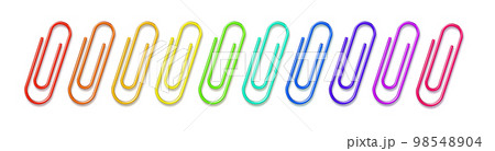 Paper clips clamp. Colour cartoon office paperclip. Paper clip icon attached attach document or file. Vector Paper clips clamp. Colour cartoon office paperclip. Paper clip icon attached attach document or file. Vector 98548904