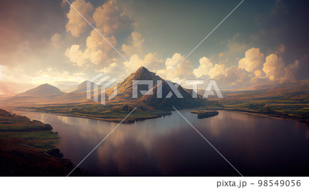 Calm lake in the mountains. Mountain landscape. Mountain Lake. Fairytale valley. AI-generated 98549056