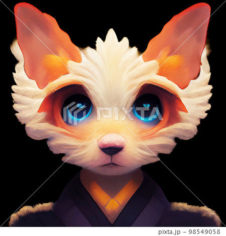 Cute cartoon blue-eyed fox portrait. White fox head illustration. AI-generated 98549058