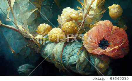 Antique painting with bright colorful flowers. Imitation of oil painting. AI-generated 98549059