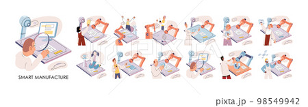 Manufacturing process, automated production line, delivery and distribution robots machinery industry 4.0 Manufacturing process, automated production line, delivery and distribution robots machinery industry 4.0 98549942