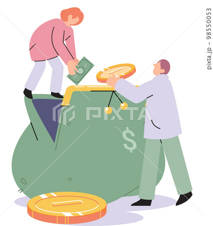 Person putting money in wallet. Man and woman holding coin and dollar bill. Savings and investment Person putting money in wallet. Man and woman holding coin and dollar bill. Savings and investment 98550053