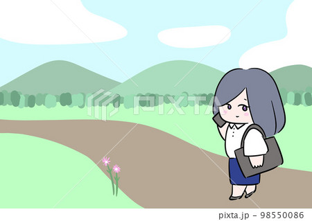 外回り営業をする小綺麗な女性　電話をかける女性　イラスト　田舎道　晴れ 98550086