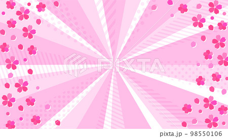 桜の花とポップで可愛い模様の入ったビビッドカラーの放射背景素材　横長 98550106
