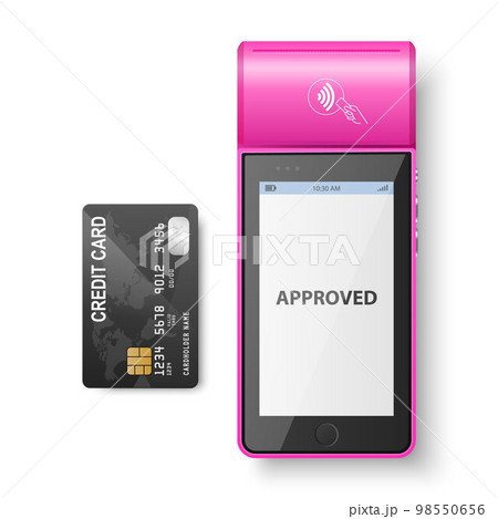 Vector 3d Red NFC Payment Machine with Approved Status and Credit Card Isolated. Wi-fi, Wireless Payment. POS Terminal, Machine Design Template of Bank Payment Contactless Terminal, Mockup. Top VIew 98550656