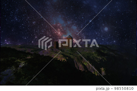星空と古城　丘の上の城と夜空に輝く星たち 98550810
