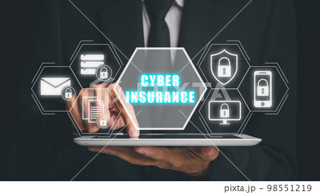 Cyber security data protection business technology privacy concept, Businessman working on tablet with cyber insurance icon on virtual screen, Cyber insurance concept. 98551219
