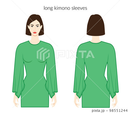 Kimono sleeves long length clothes character beautiful lady in green top, shirt, dress technical fashion illustration 98551244