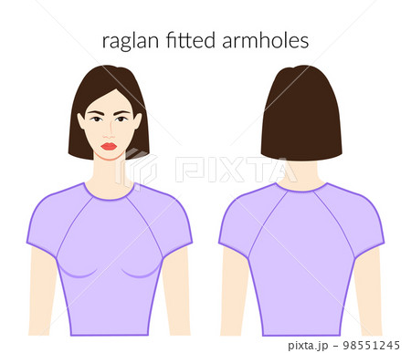 Raglan fitted armholes sleeves clothes - dresses, tops, shirts technical fashion illustration with fitted body. Flat Raglan fitted armholes sleeves clothes - dresses, tops, shirts technical fashion illustration with fitted body. Flat 98551245