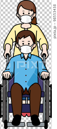 一個戴口罩坐在輪椅上的男人和一個推著的女人 98553438