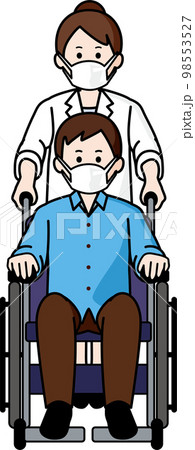 マスクをする車いすの男性と看護師の女性 98553527