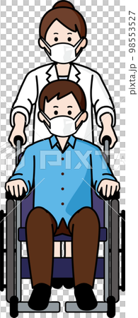マスクをする車いすの男性と看護師の女性 98553527