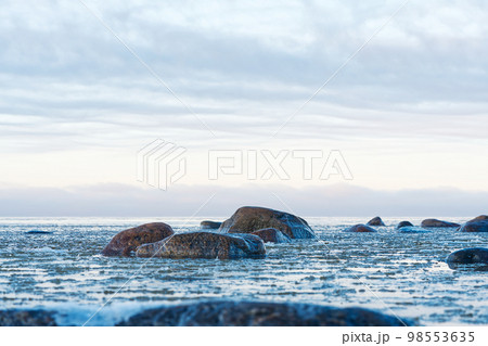 Panoramic view of the snow-covered shore of the Baltic sea at sunset. Ice fragments at sea close-up. Panoramic view of the snow-covered shore of the Baltic sea at sunset. Ice fragments at sea close-up. 98553635