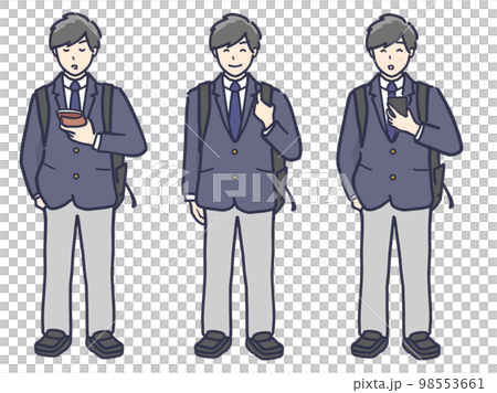 穿著西裝外套制服背著背包上學的高中男生全身插圖集 98553661