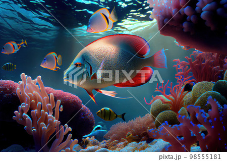 fish and corals. underwater world of the red world. Generative AI fish and corals. underwater world of the red world. Generative AI 98555181
