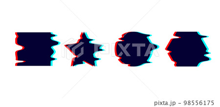 Glitched melt geometric shapes set. Distorted circle, square, star, hexagon with drip effect. Futuristic destroyed design elements collection. Text boxes.  98556175