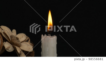 Burning wax candle and flowers against a black background 98556681