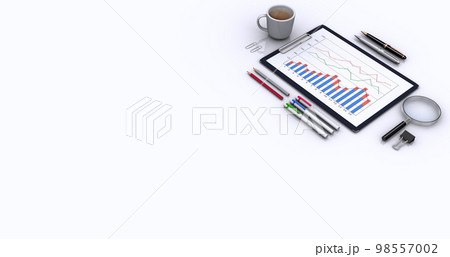 ビジネスワーク風景、ビジネスグッズのテーブルトップビュー 98557002
