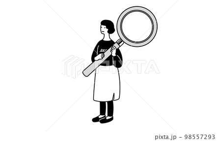 虫眼鏡を持つモノクロの女性のイラスト 98557293