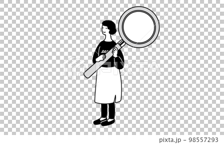 虫眼鏡を持つモノクロの女性のイラスト 98557293