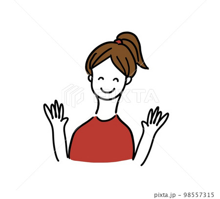 ポニーテール　女性上半身　両手を振る 98557315