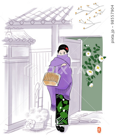 寒椿と和服女性のイラスト 98557904