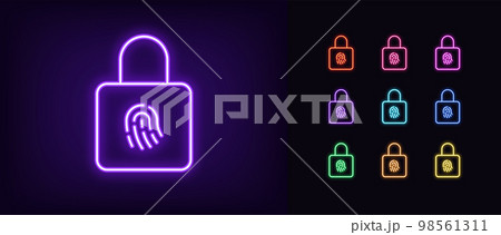 Outline neon lock icon set. Glowing neon lock frame with fingerprint sign, safe digital access pictogram. Cyber security, biometric scan, personal identification, verification check. Outline neon lock icon set. Glowing neon lock frame with fingerprint sign, safe digital access pictogram. Cyber security, biometric scan, personal identification, verification check. 98561311