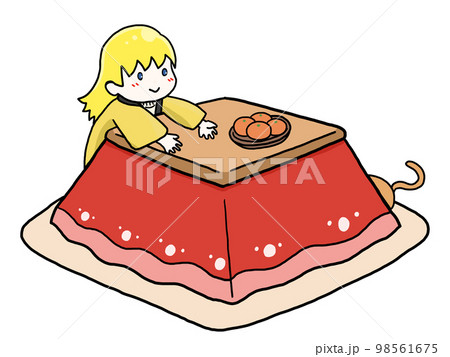 こたつで暖を取る白人女子のイラスト 98561675