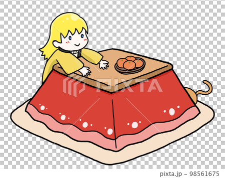 こたつで暖を取る白人女子のイラスト 98561675