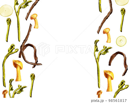 手描き水彩の山菜イラスト長方形フレーム・左右 98561817