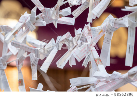 神社の境内に残されたたくさんのおみくじ 98562896