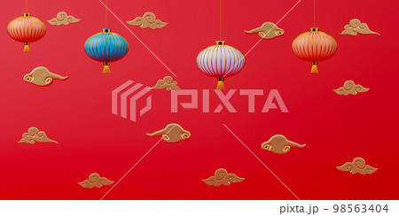 3d rendering Chinese new year day background with colorful lanterns and gold clouds. 3d rendering Chinese new year day background with colorful lanterns and gold clouds. 98563404