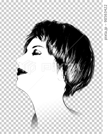 Black and white illustration of a woman's profile with a hairstyle Black and white illustration of a woman's profile with a hairstyle 98563422