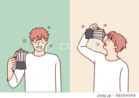 Tired man feels relieved and cheerful while drinking coffee drink from jug. Vector image 98564049