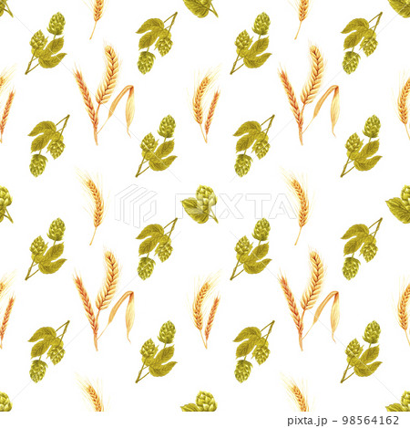 Handdrawn malt seamless pattern. Watercolor green malt and wheat on the light background. Scrapbook design, typography poster, label, banner, textile. 98564162