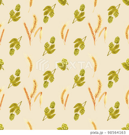 Handdrawn malt seamless pattern. Watercolor green malt and wheat on the cream background. Scrapbook design, typography poster, label, banner, textile. 98564163