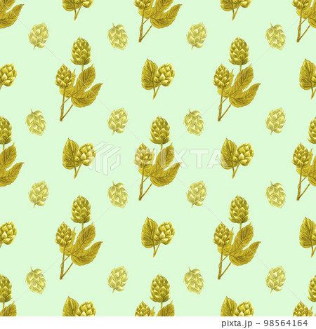 Handdrawn malt seamless pattern. Watercolor green malt on the green background. Scrapbook design, typography poster, label, banner, textile. 98564164